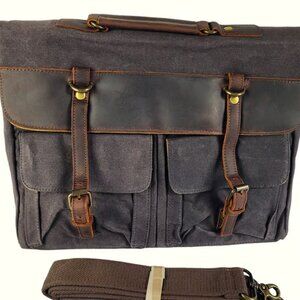 Messenger Laptop Bag Brown Canvas Leather Crossbody Adjustable Strap NWT